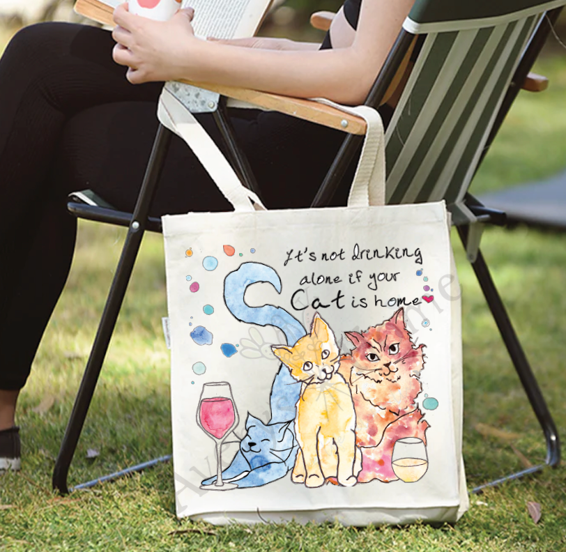Cat and Wine cotton tote bag, art by Avery Jackson