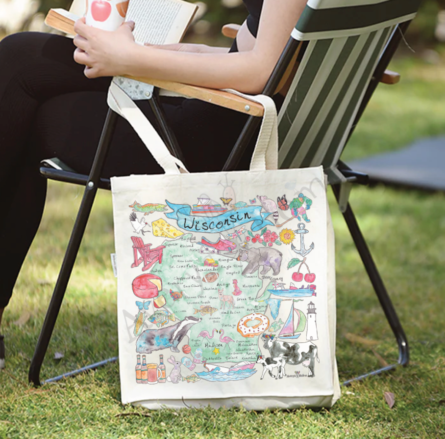 Wisconsin State Map cotton tote bag, art by Avery Jackson