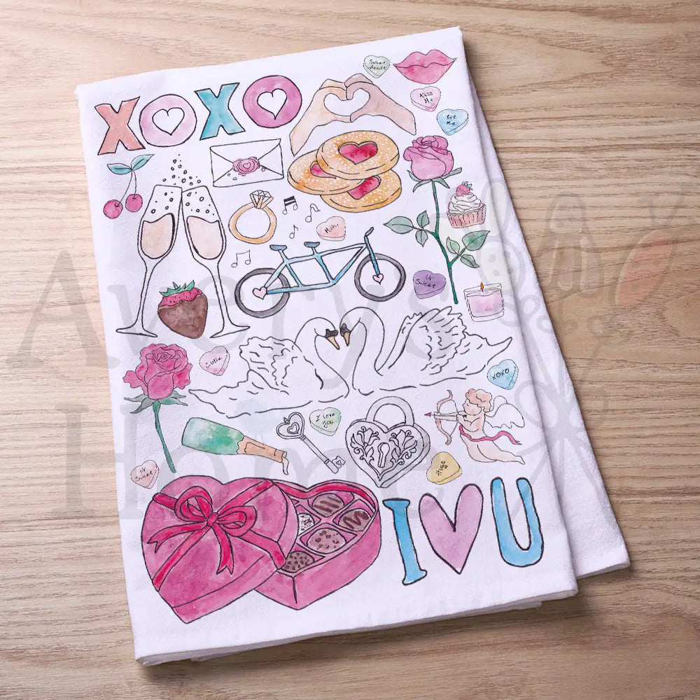 Valentine's Day Favorites flour sack dish towel, art by Avery Jackson