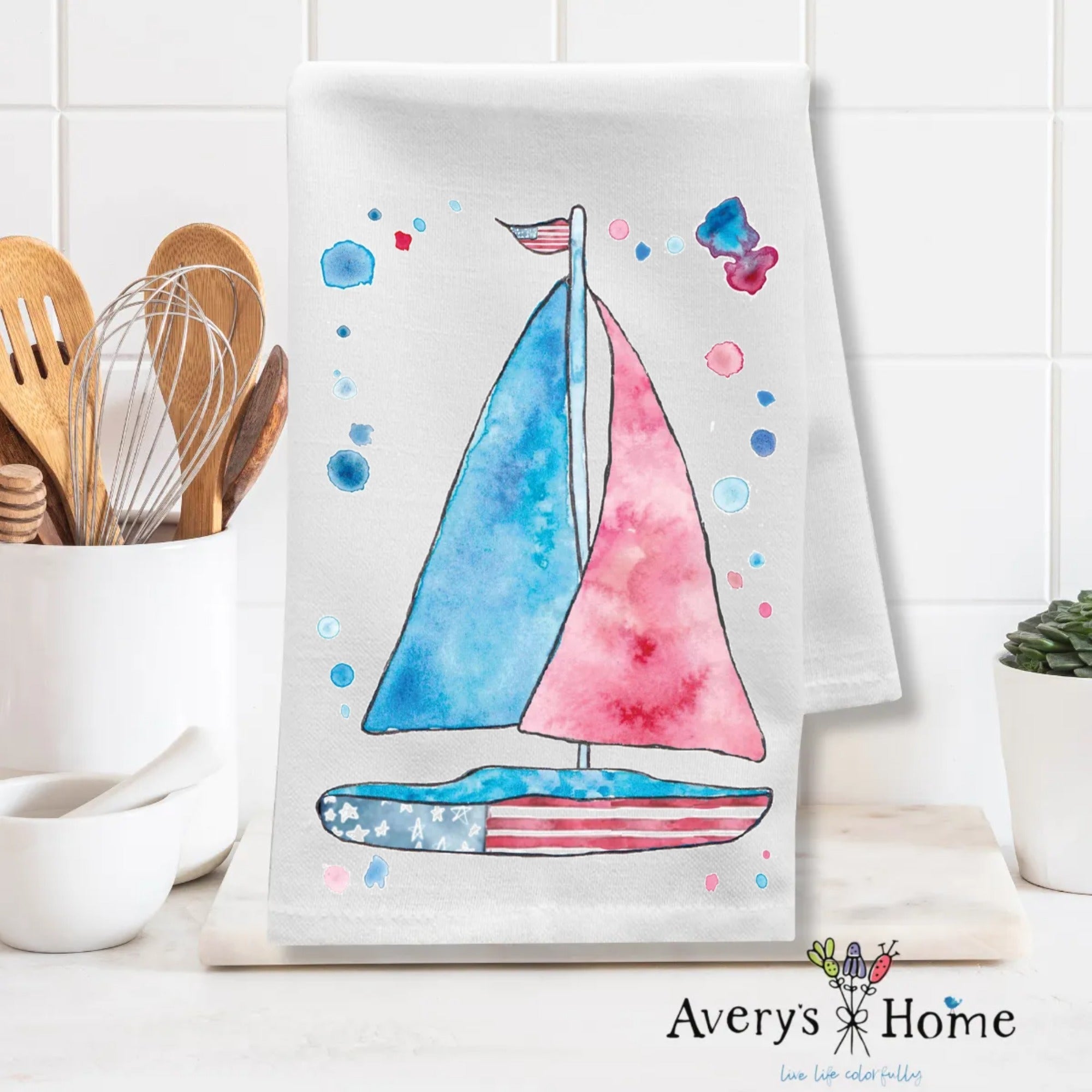 USA Sailboat dish towel design detail
