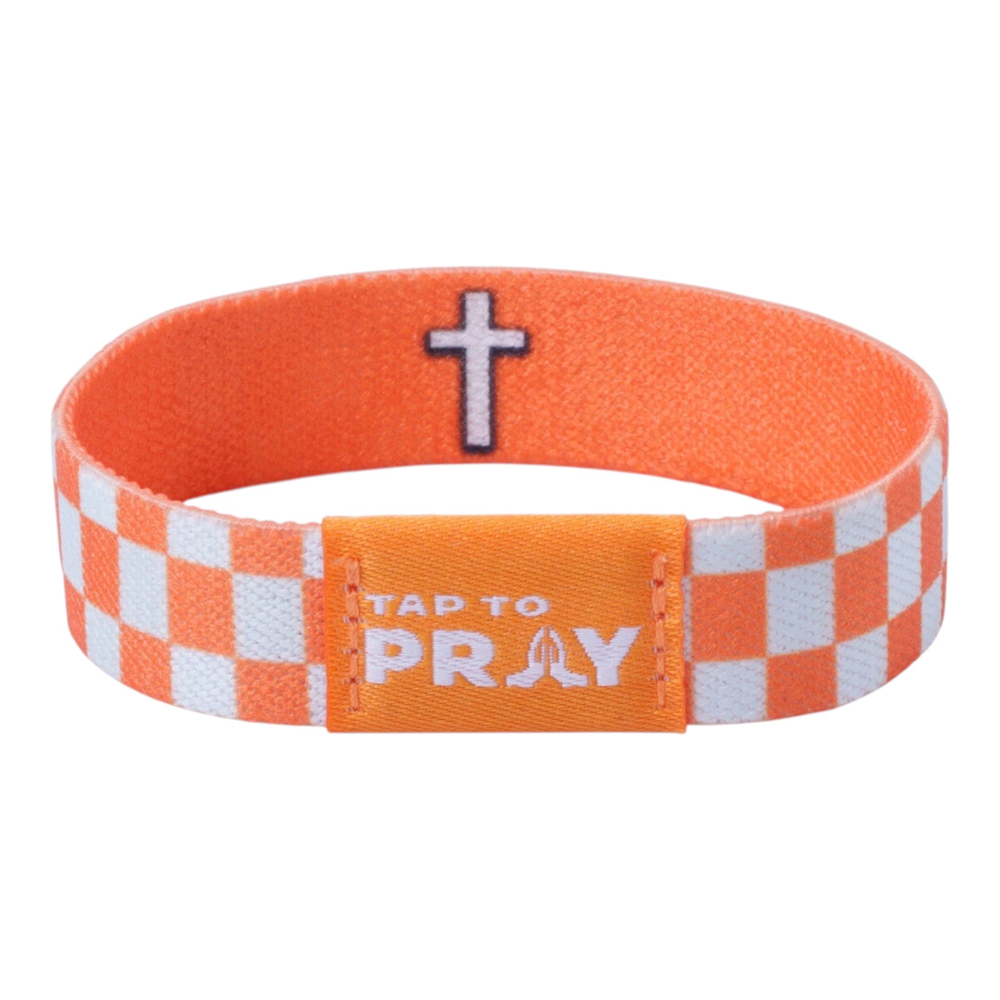Tap To Pray® Wristband – Orange & White Checkers