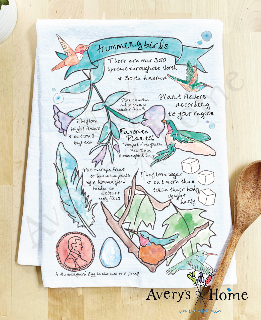 Hummingbird Bird Facts flour sack dish towel, art by Avery Jackson