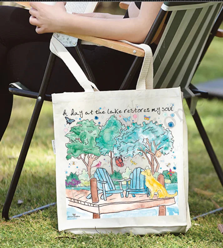 A Day at the Lake cotton tote bag, art by Avery Jackson