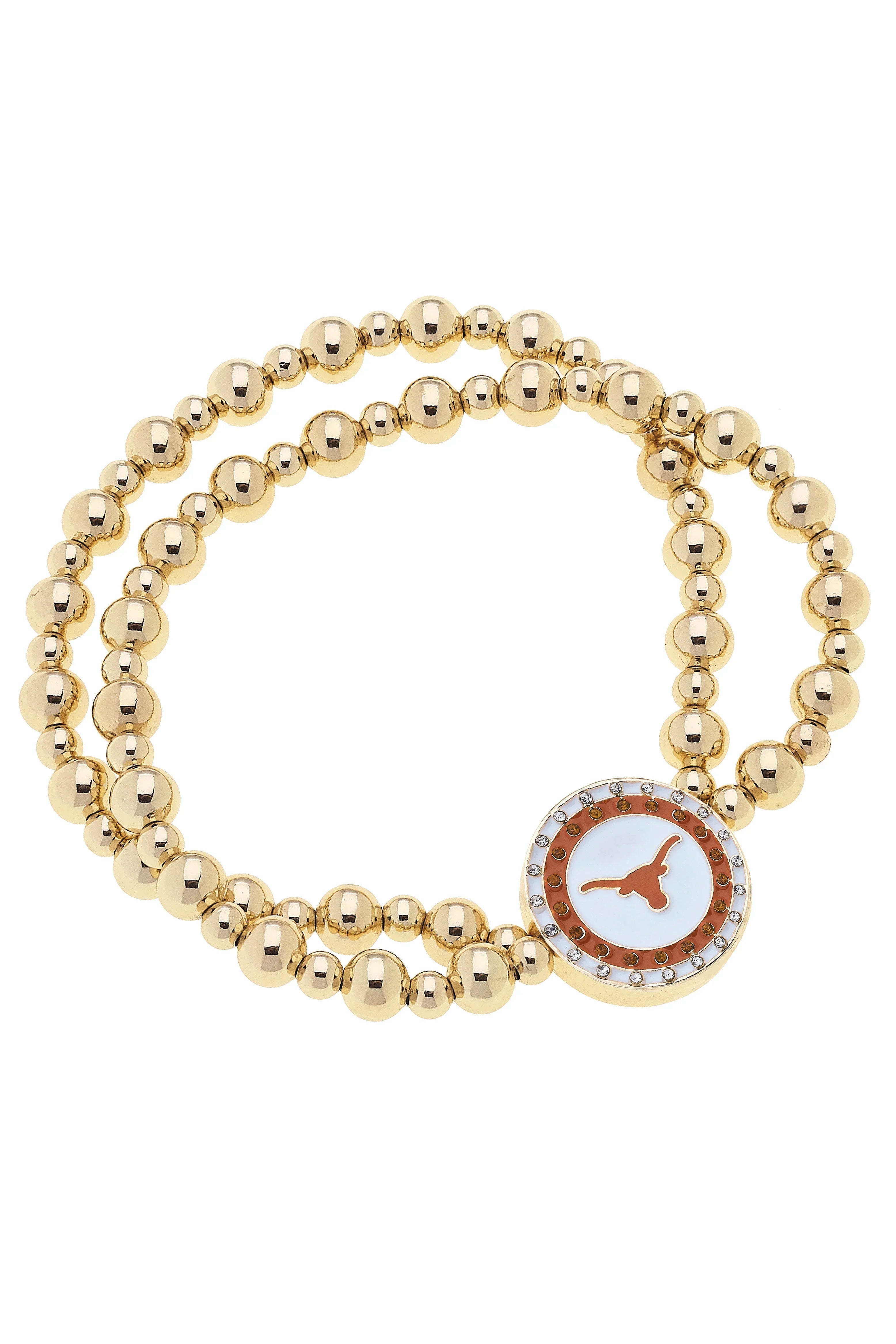 Texas Longhorns Pave Disc 2-Row Ball Bead Stretch Bracelet in Shiny Gold