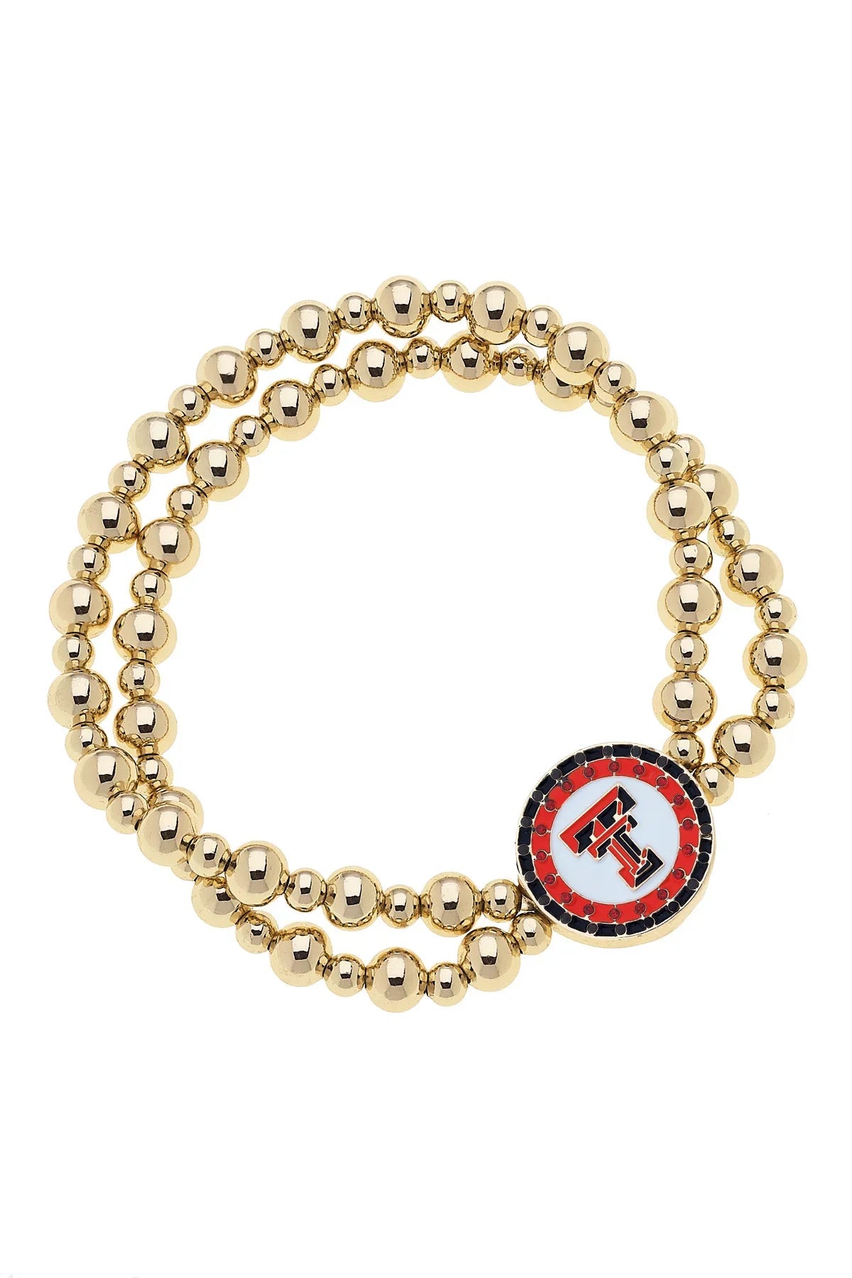 Texas Tech Red Raiders Pave Disc 2-Row Ball Bead Stretch Bracelet in Shiny Gold