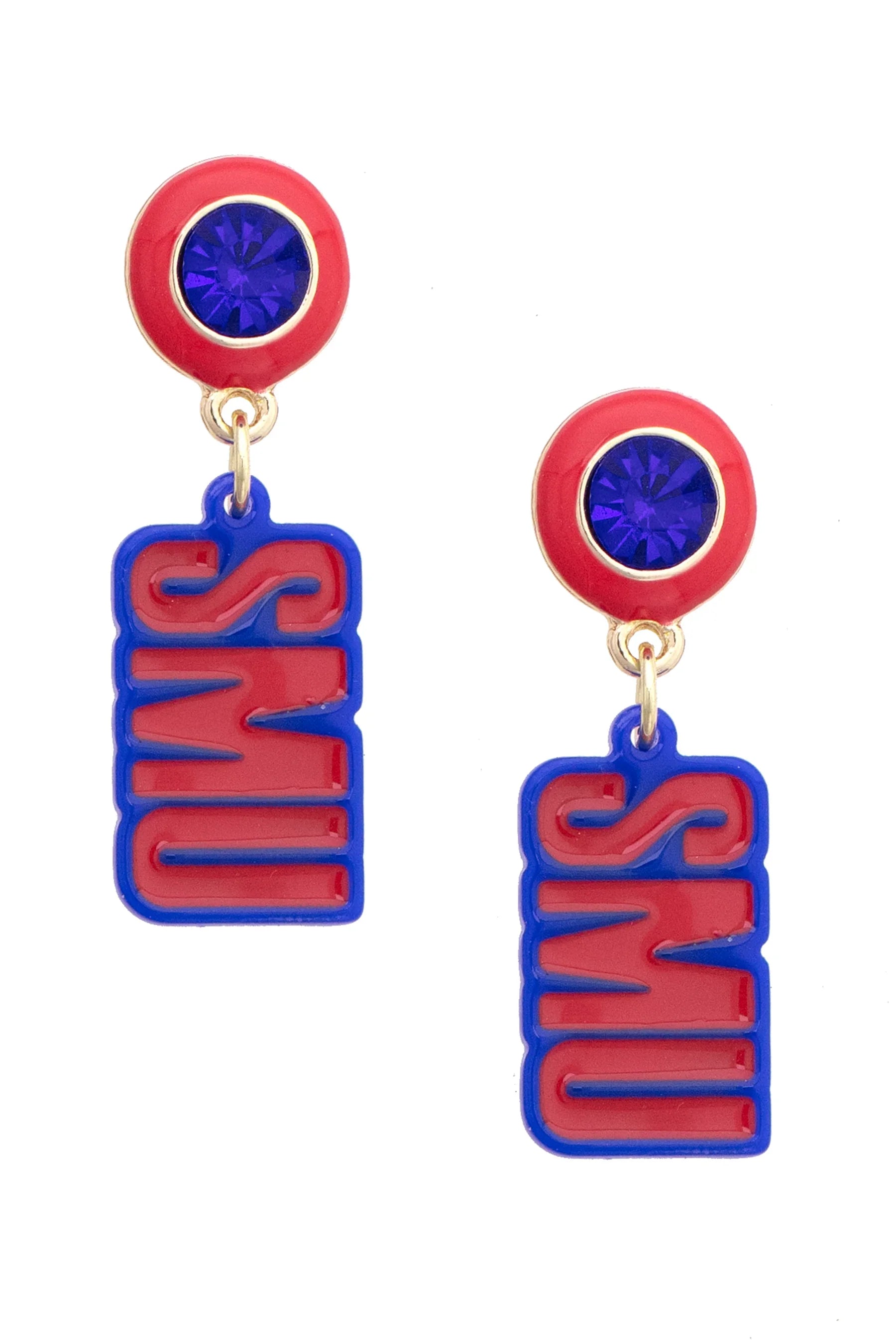 SMU Mustangs Resin Block Letter Earrings in Red/Blue