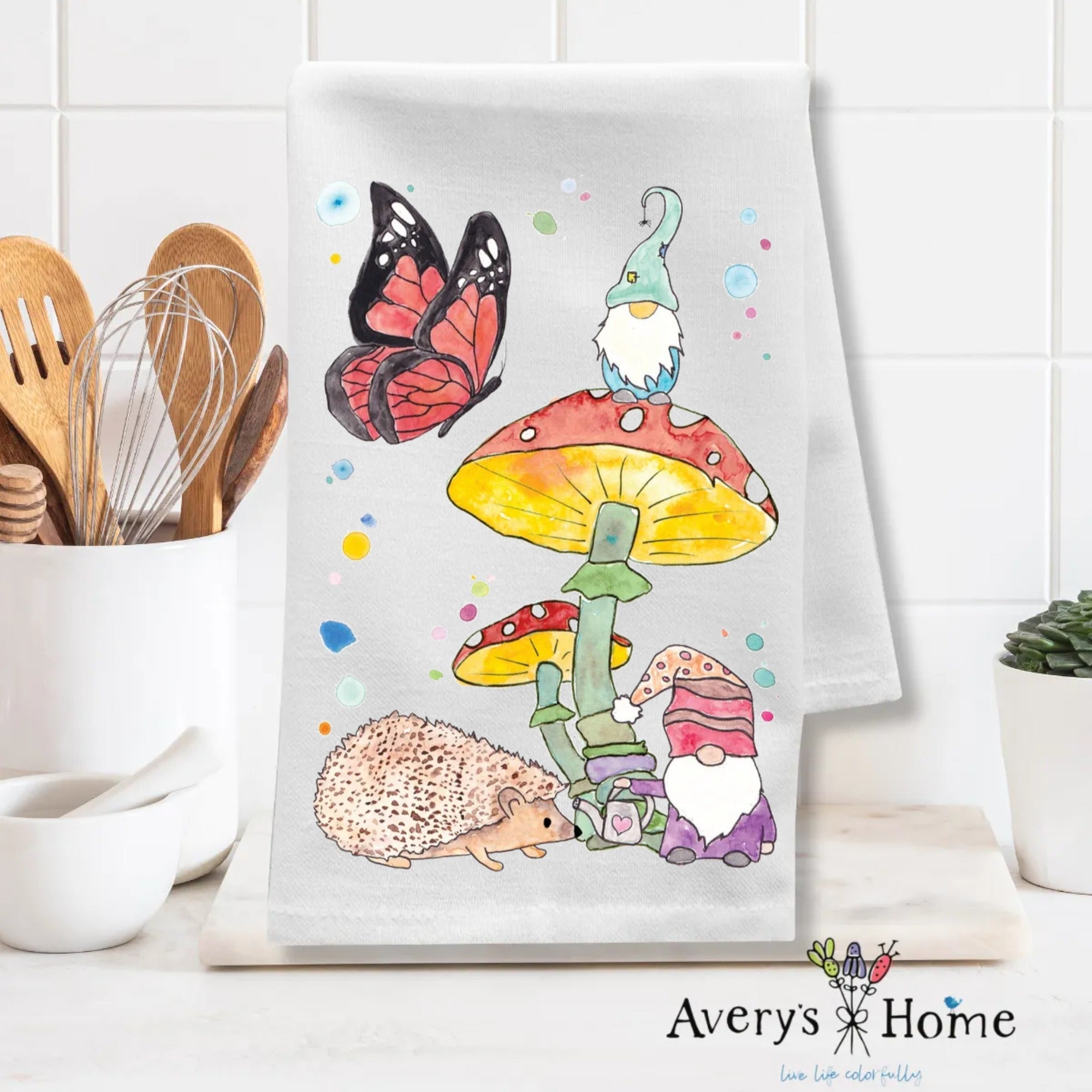 Gnome & Hedgehog dish towel folded, 27x27 flour sack cotton