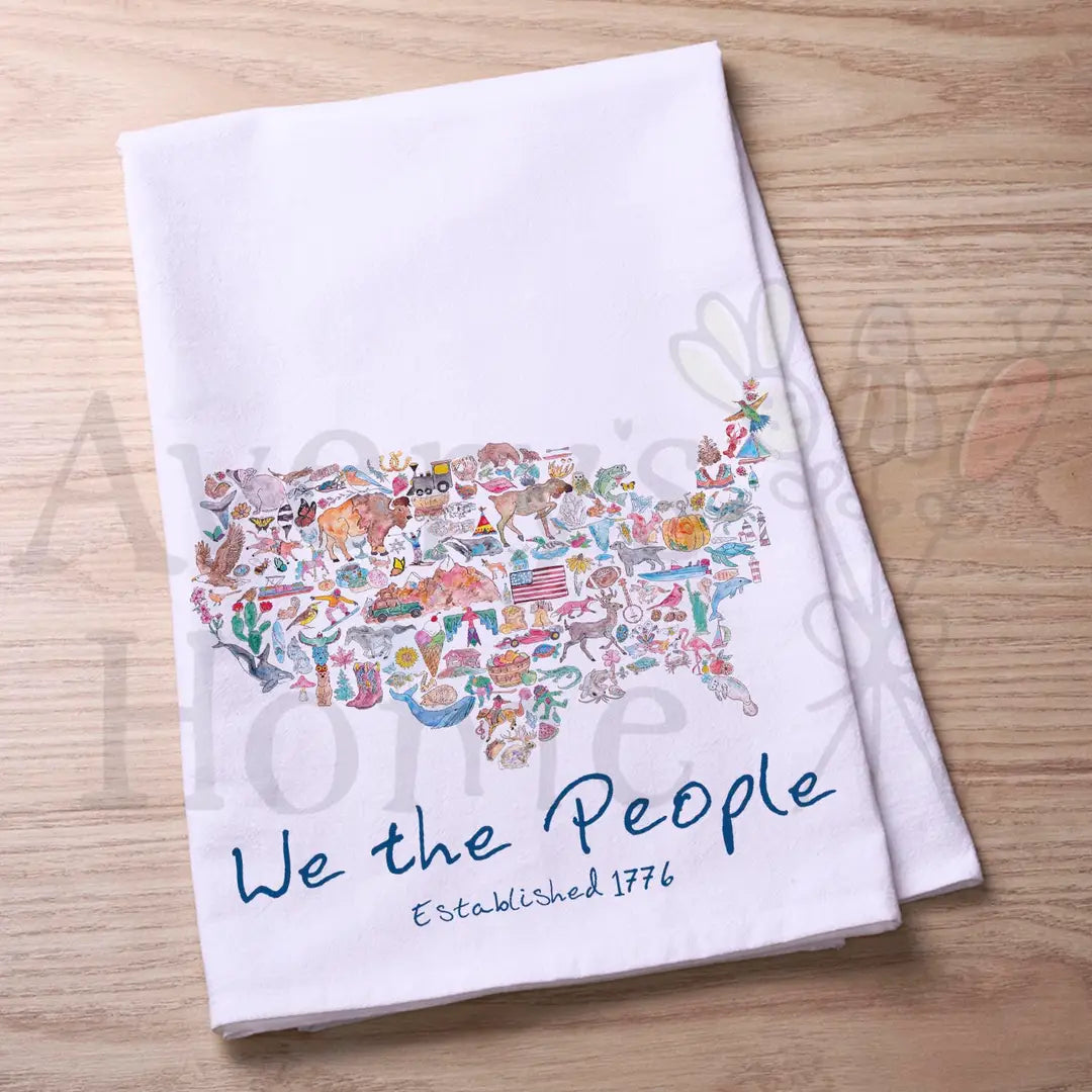 USA Icon Map We the People flour sack dish towel, art by Avery Jackson
