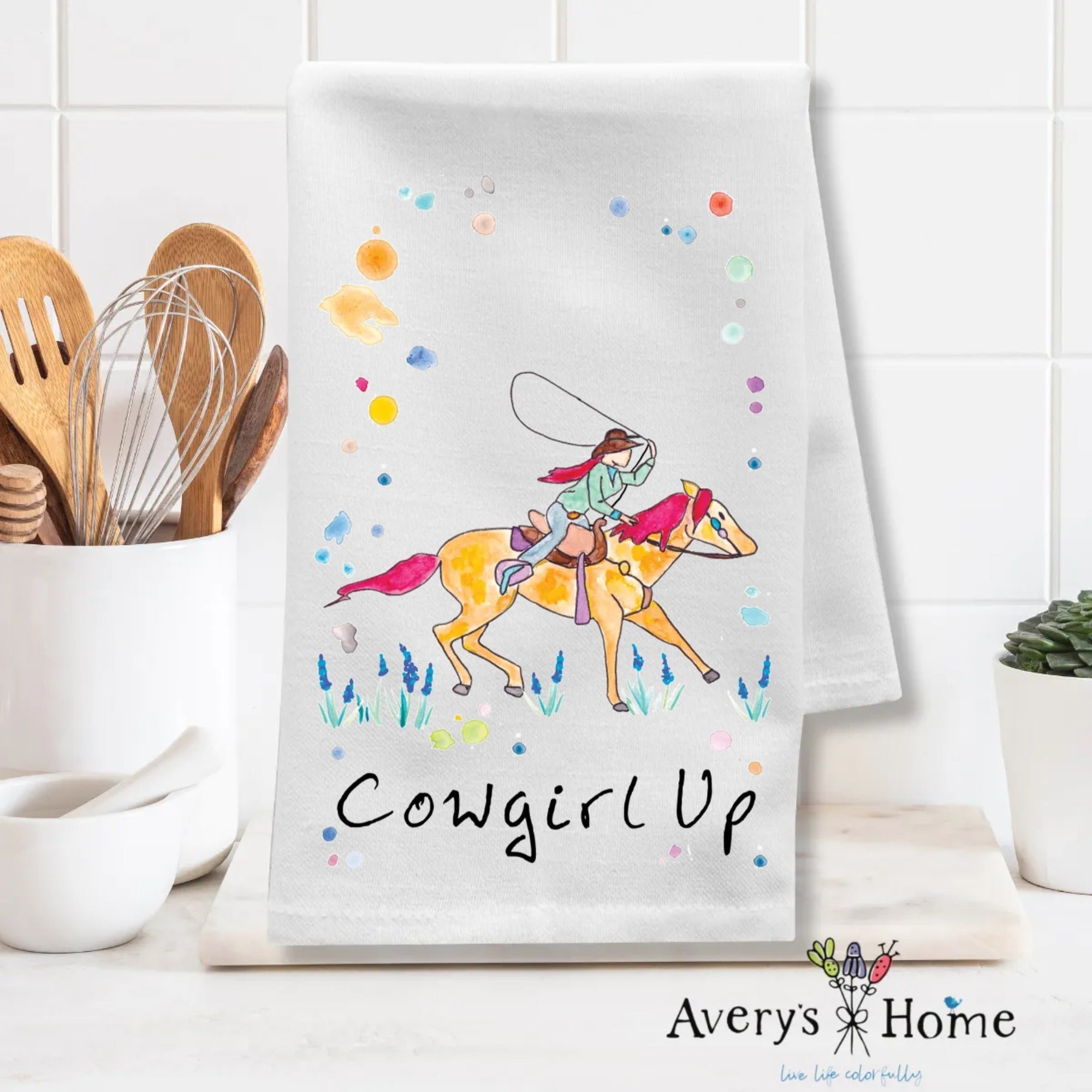 Cowgirl Up dish towel folded, 27x27 flour sack cotton