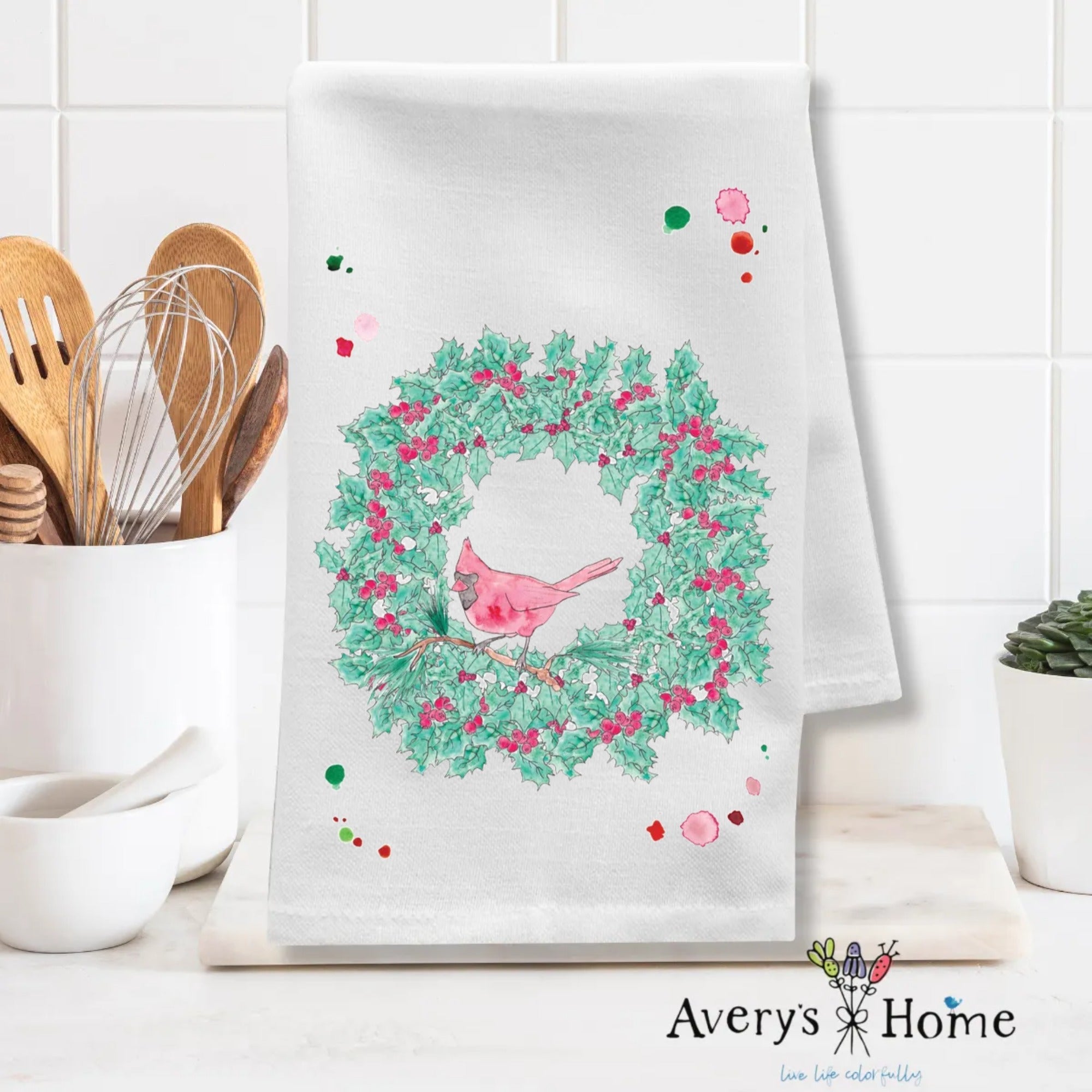 Cardinal Christmas Wreath dish towel folded, 27x27 flour sack cotton