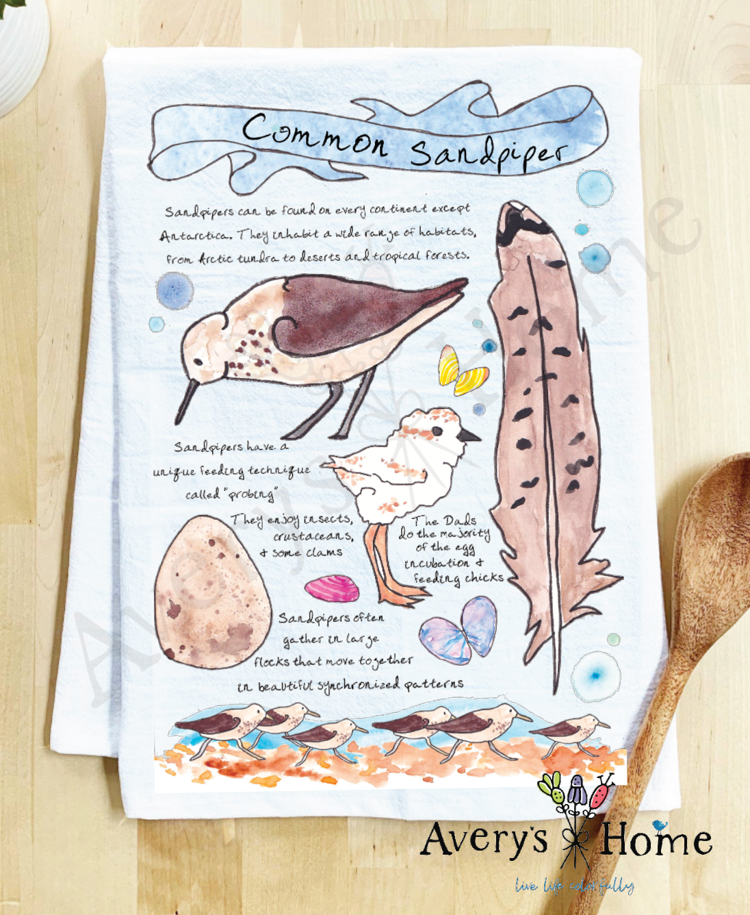 Sandpiper Bird Facts flour sack dish towel, art by Avery Jackson
