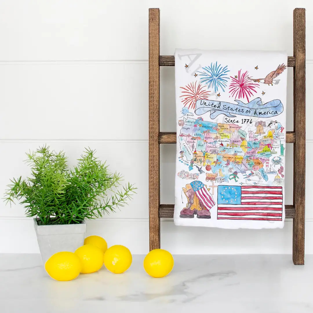 USA Map 1776 dish towel hanging in the kitchen
