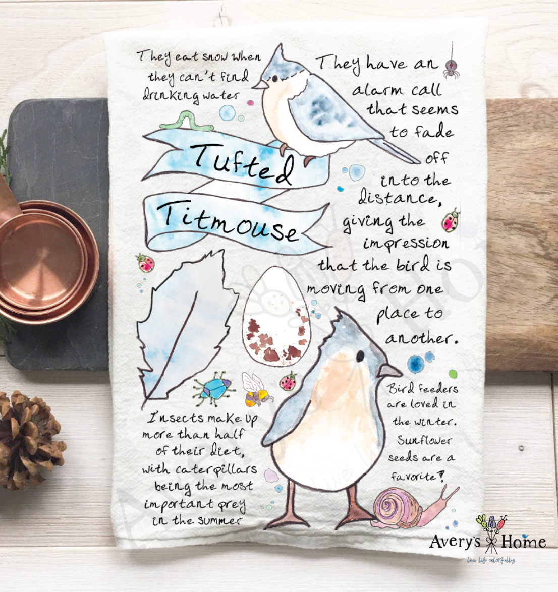 Tufted Titmouse Bird Facts flour sack dish towel, art by Avery Jackson