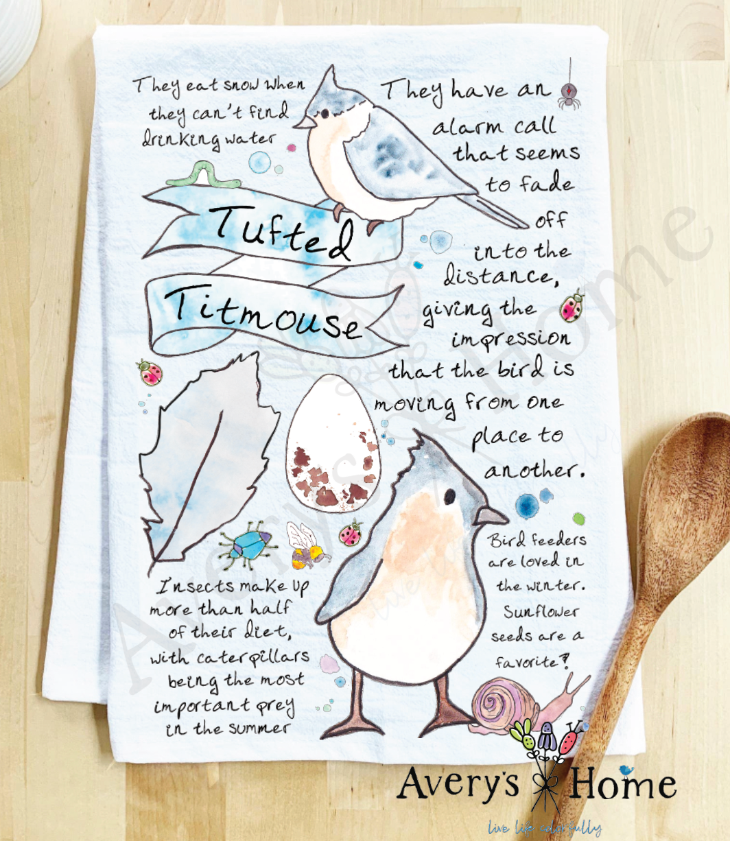 Tufted Titmouse Bird Facts dish towel design detail