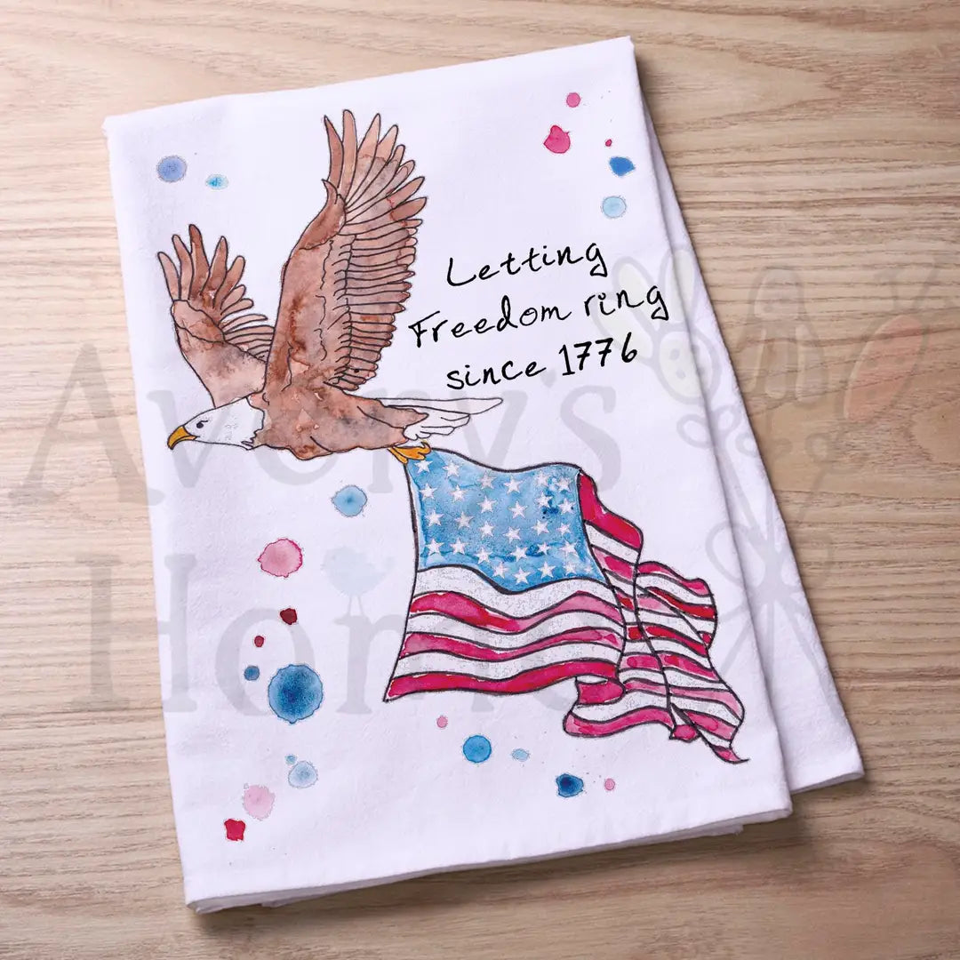 Freedom Ringing Since 1776 flour sack dish towel, art by Avery Jackson