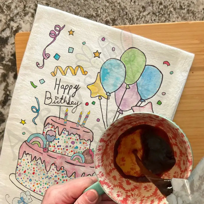 Happy Birthday Cake dish towel, 27x27 flour sack cotton