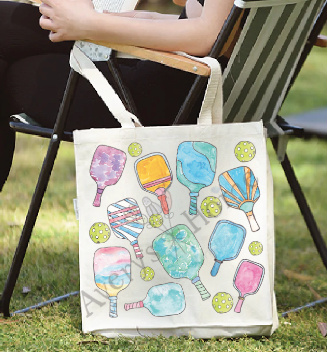 Pickleball Paddles Colorful cotton tote bag, art by Avery Jackson