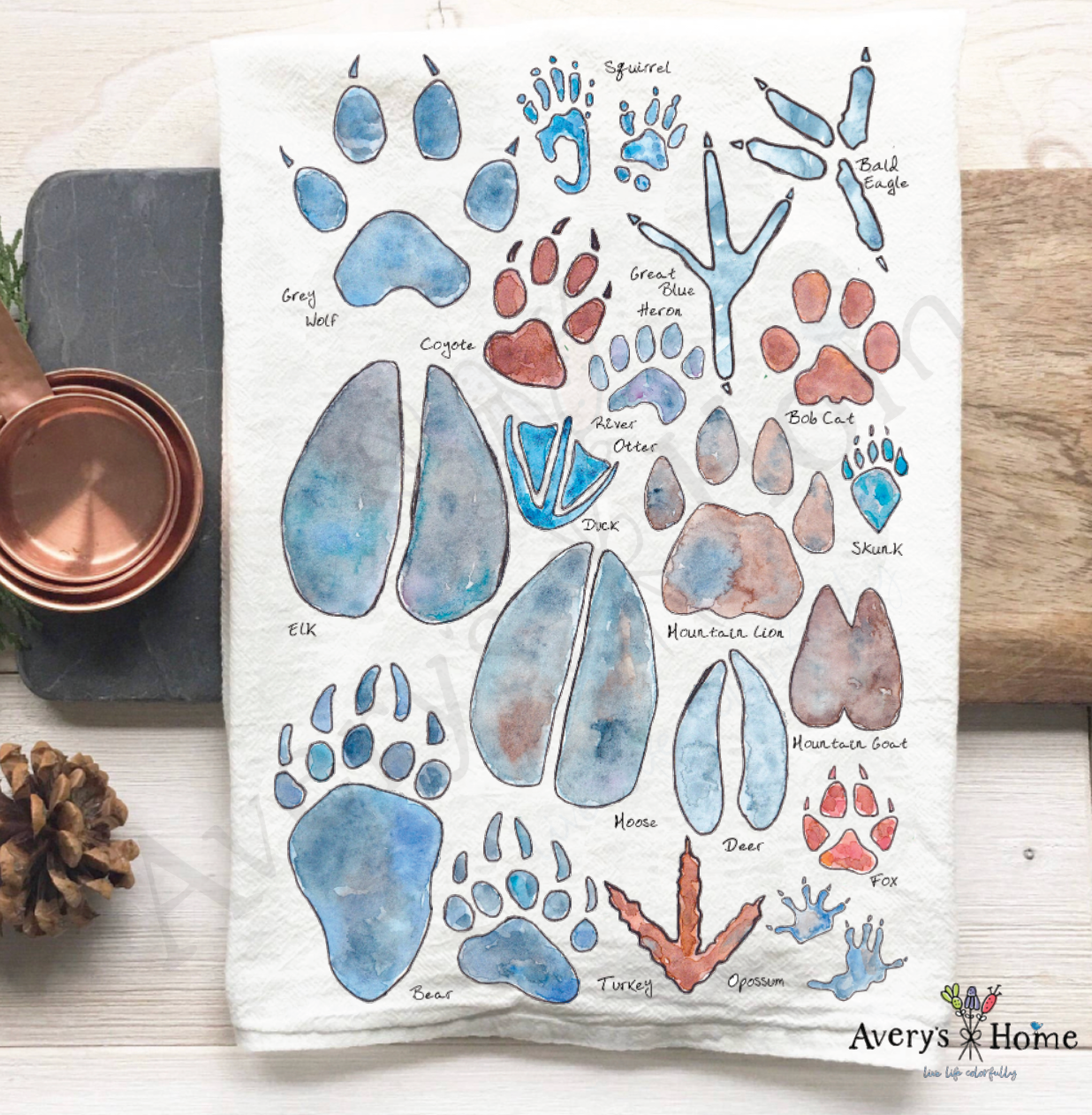 Animal Tracks flour sack dish towel, art by Avery Jackson