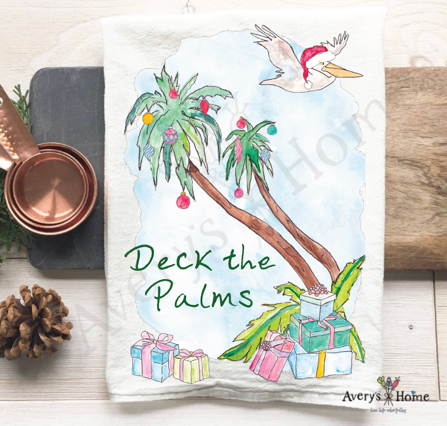 Deck the Palms Christmas flour sack dish towel, art by Avery Jackson