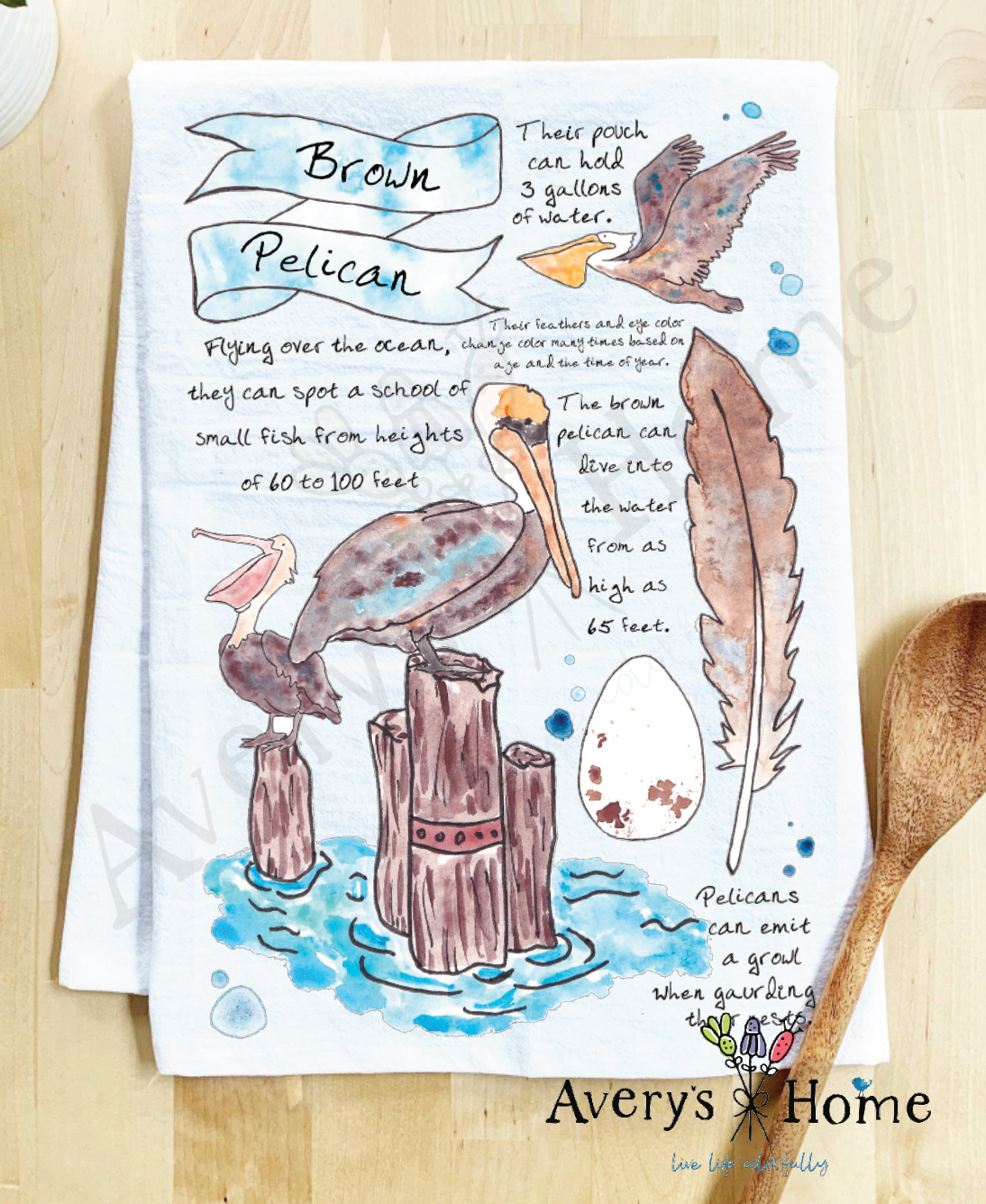 Pelican Bird Facts flour sack dish towel, art by Avery Jackson