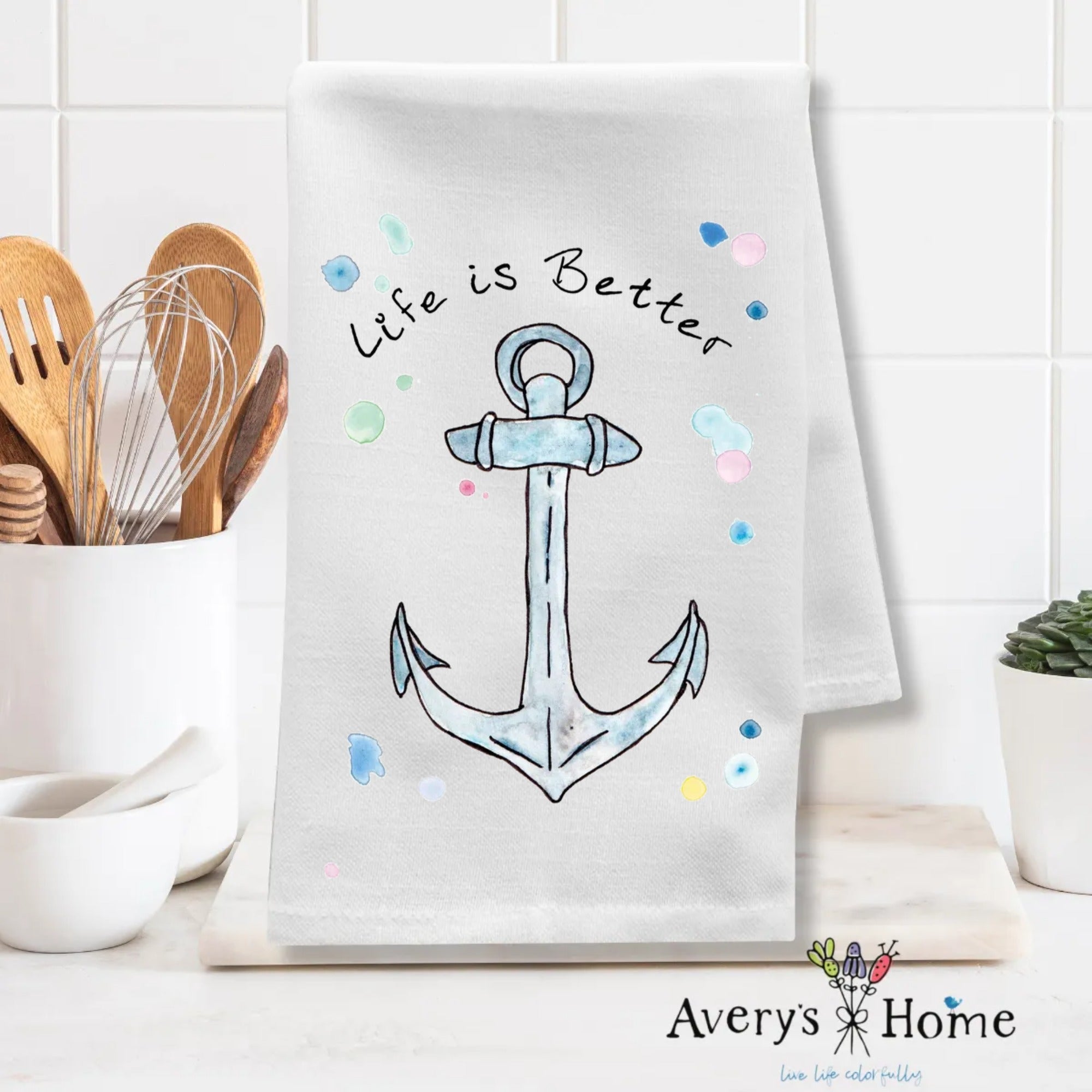 Life is Better at the Beach Anchor dish towel design detail