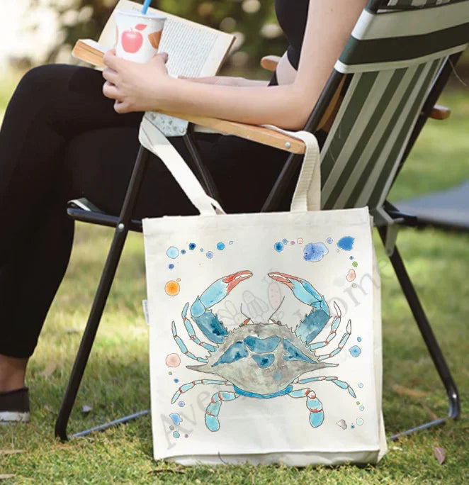 Ocean Blue Crab cotton tote bag, art by Avery Jackson