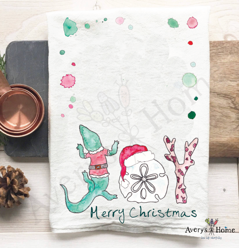 Coastal Joy Christmas flour sack dish towel, art by Avery Jackson