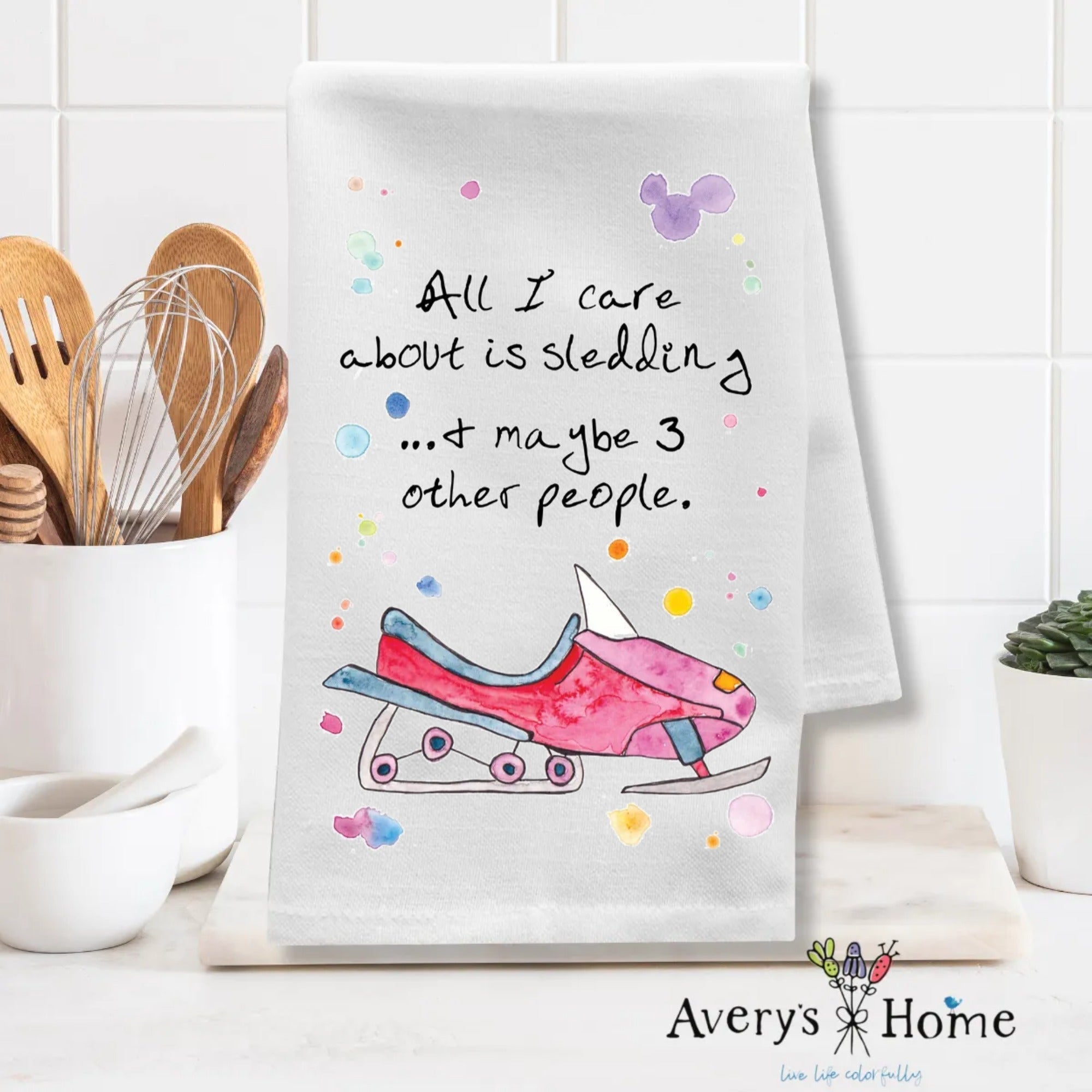 Sledding People dish towel design detail
