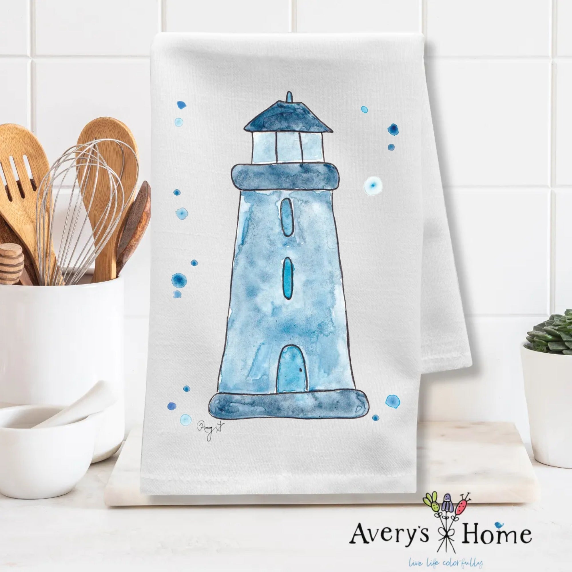 Navy Lighthouse dish towel design detail