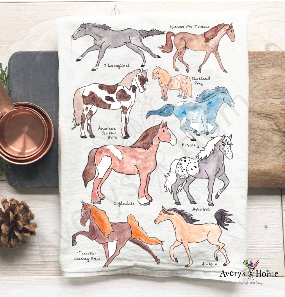 American Horse Breeds flour sack dish towel, art by Avery Jackson