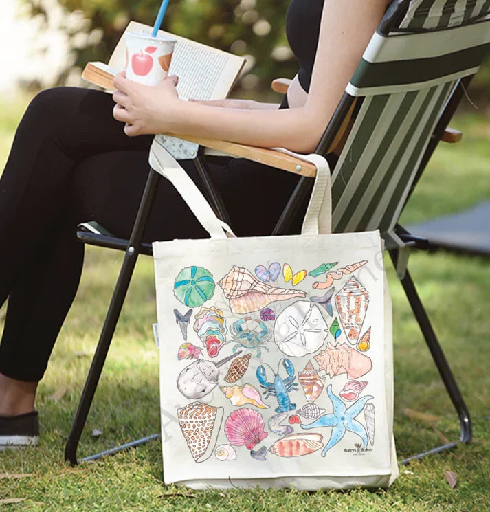 Ocean Creatures and Shells cotton tote bag, art by Avery Jackson