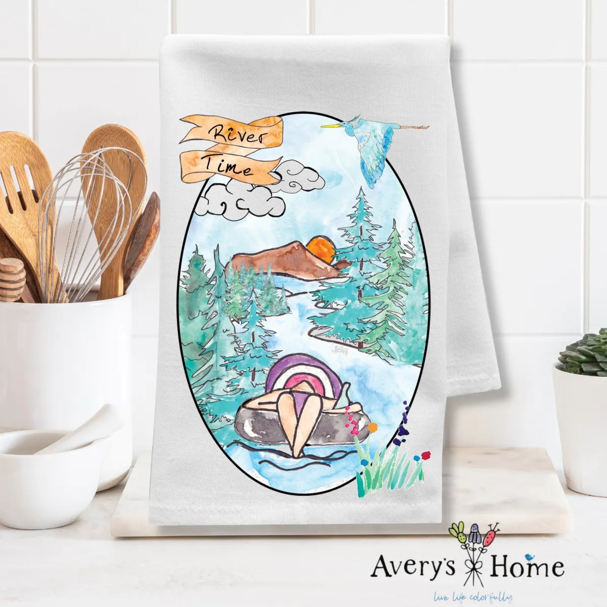River Time dish towel, 27x27 flour sack cotton