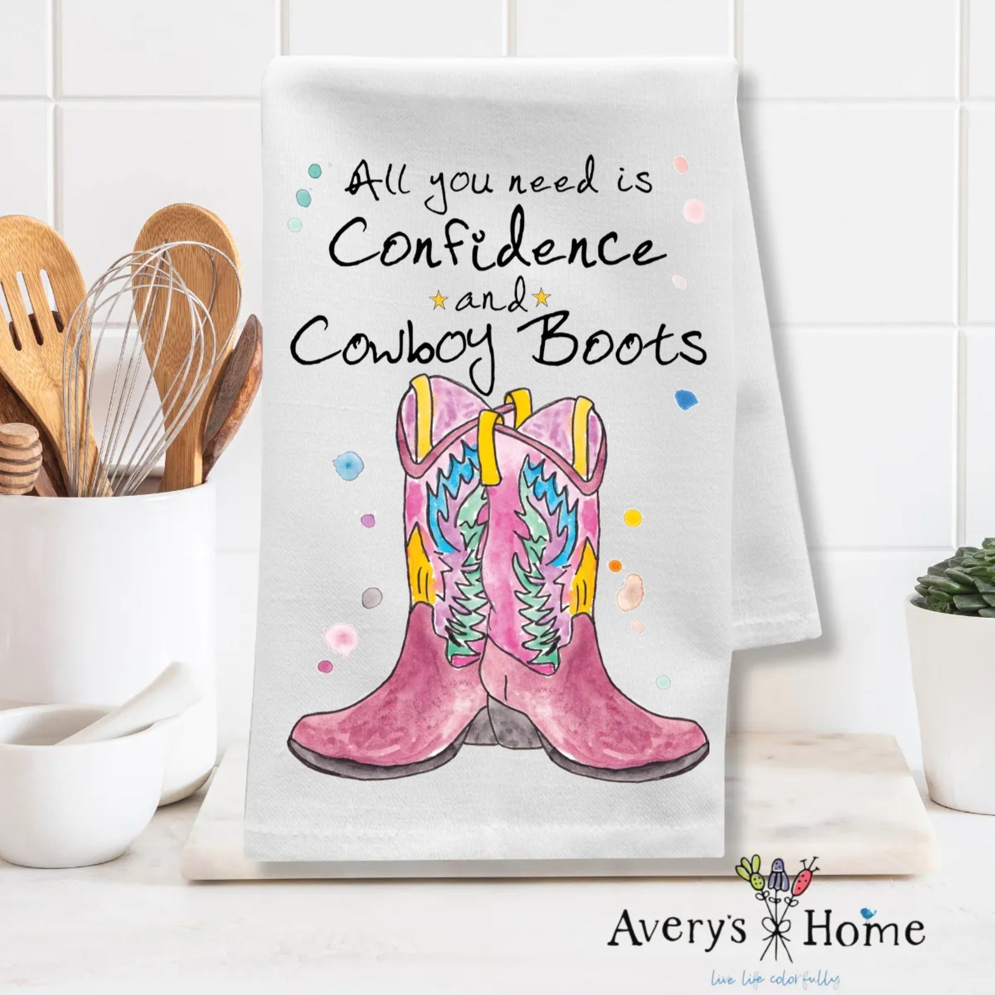 Cowboy Boots & Confidence dish towel folded, 27x27 flour sack cotton