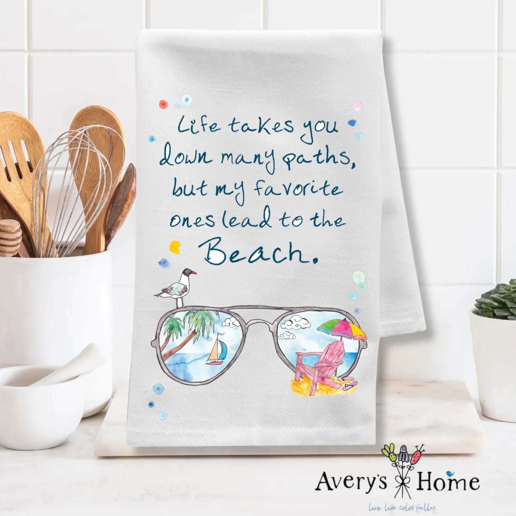 All Paths Lead to the Beach dish towel folded, 27x27 flour sack cotton