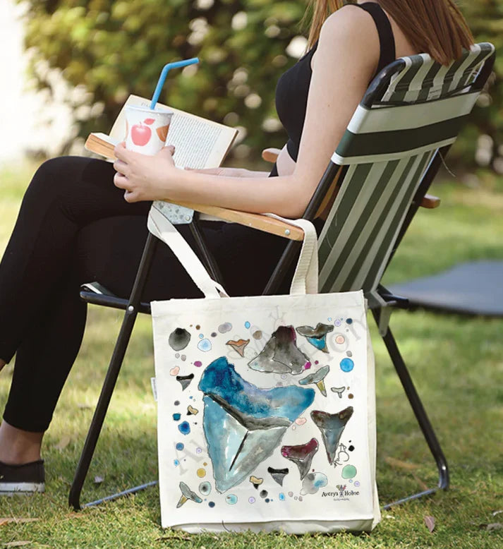 Different Shark Teeth cotton tote bag, art by Avery Jackson