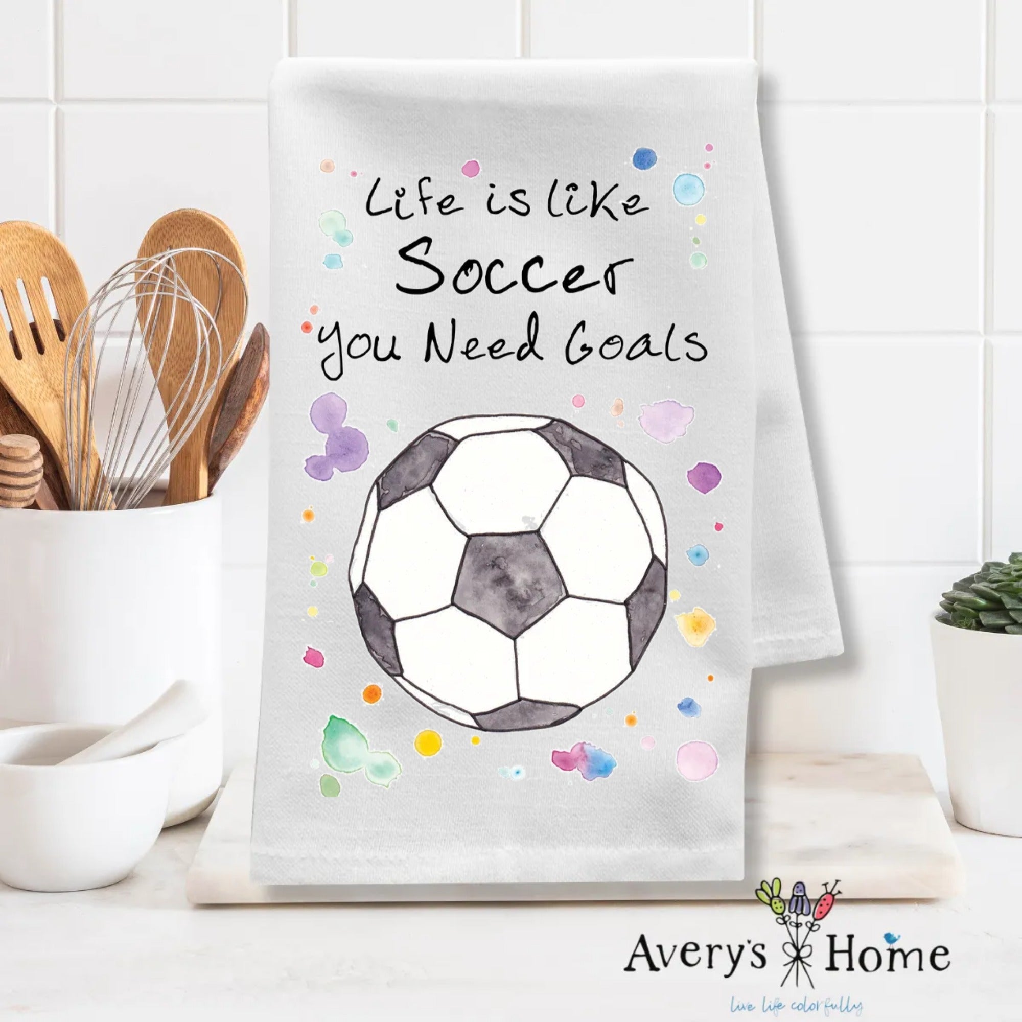 Soccer Life Goals dish towel design detail