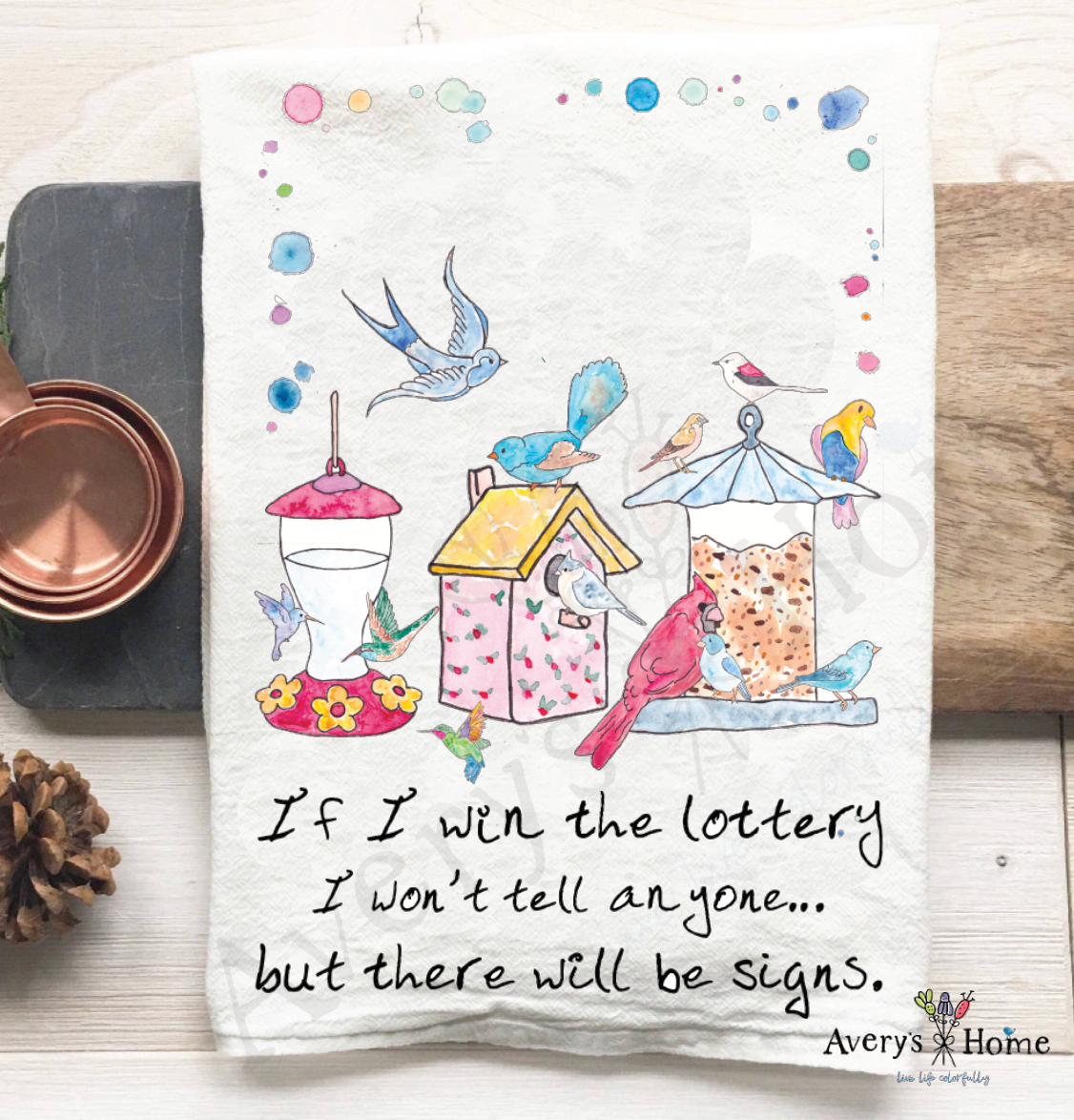 If I Win the Lottery flour sack dish towel, art by Avery Jackson