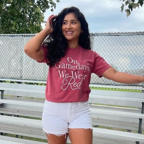 On Gamedays We Wear Red design shown on a red gameday top