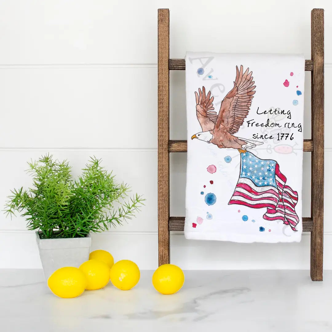Freedom Ringing Since 1776 dish towel hanging in the kitchen