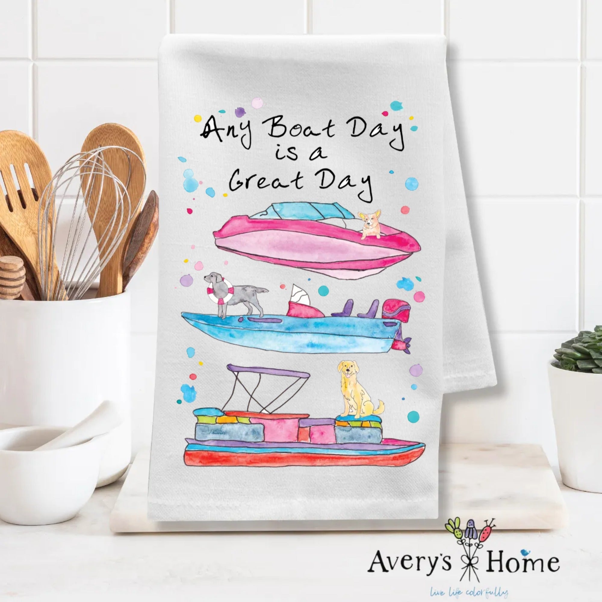 Any Boat Day dish towel folded, 27x27 flour sack cotton