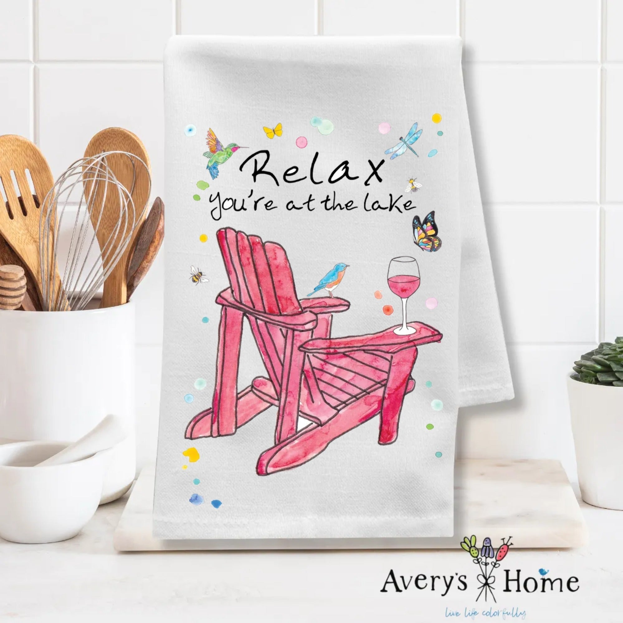 Relax at the Lake dish towel design detail