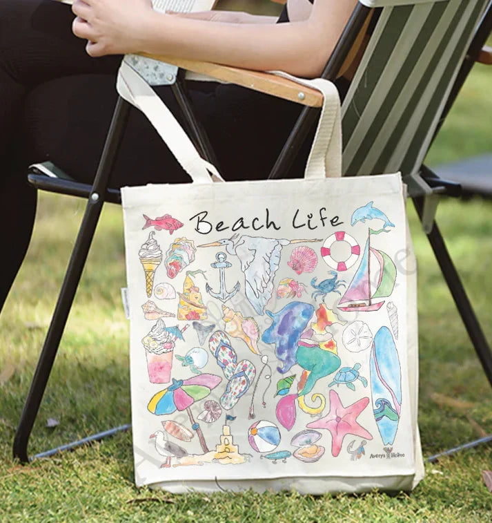 Beach Life cotton tote bag, art by Avery Jackson
