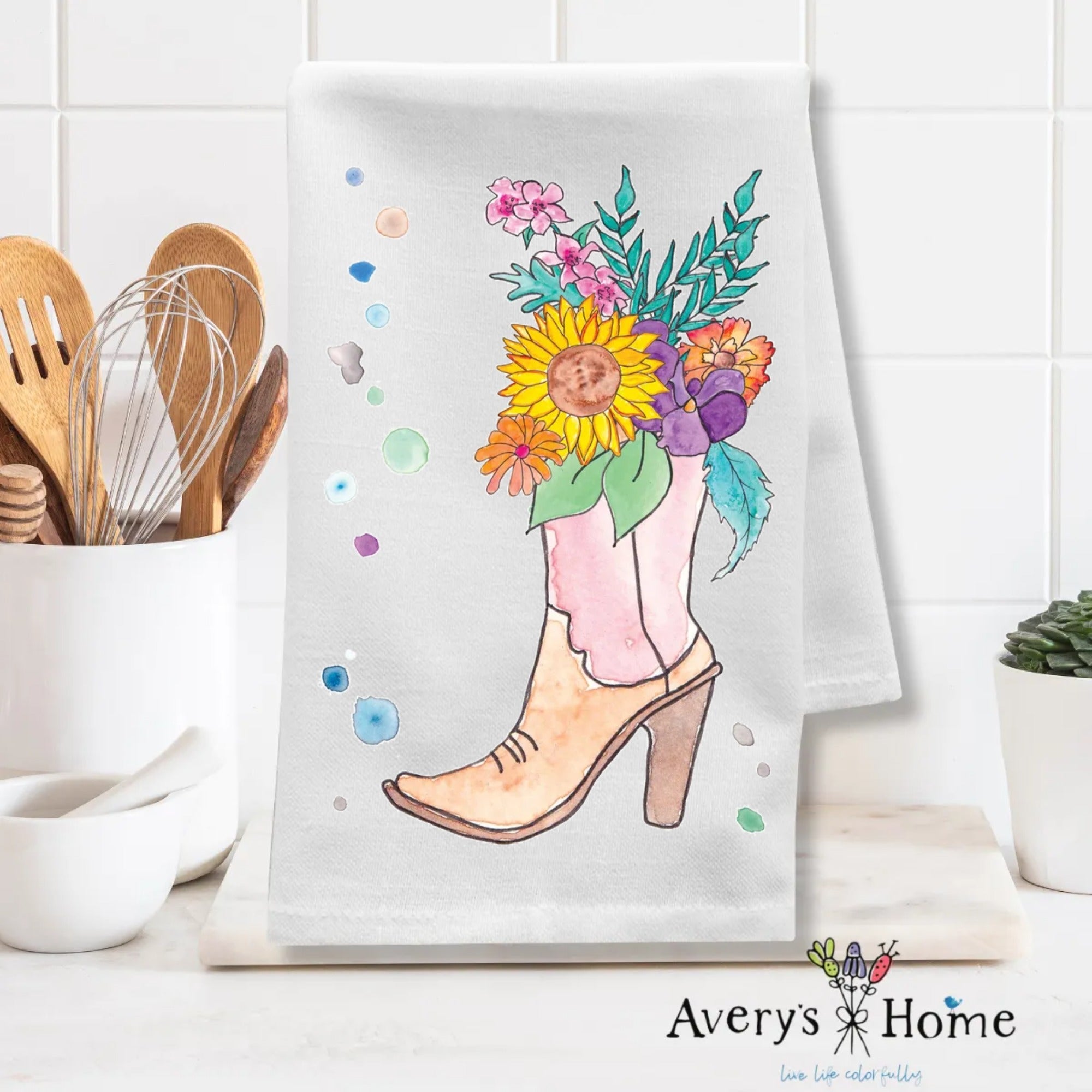 Red Cowgirl Boots and Flowers dish towel design detail