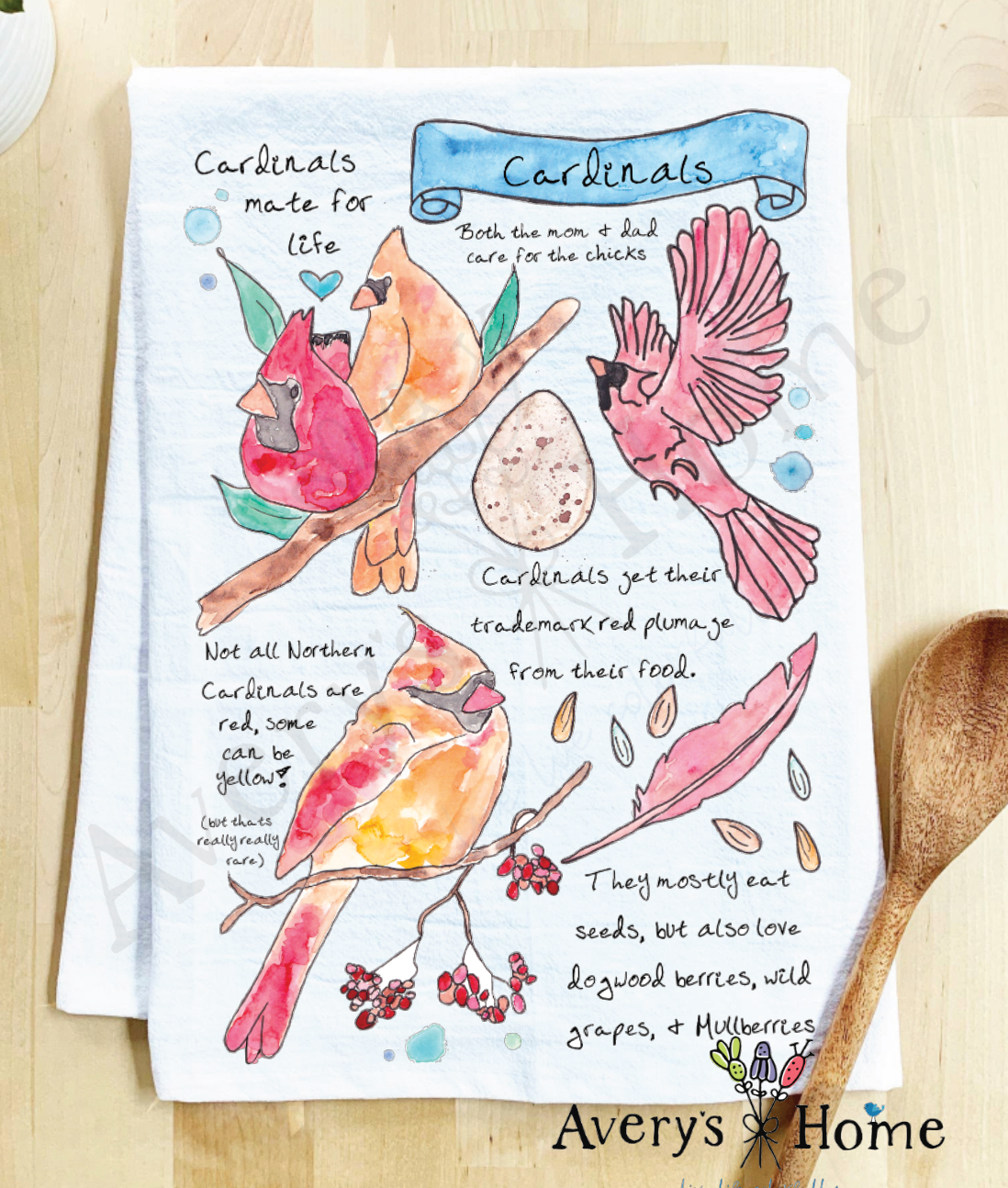 Cardinal Bird Facts flour sack dish towel, art by Avery Jackson