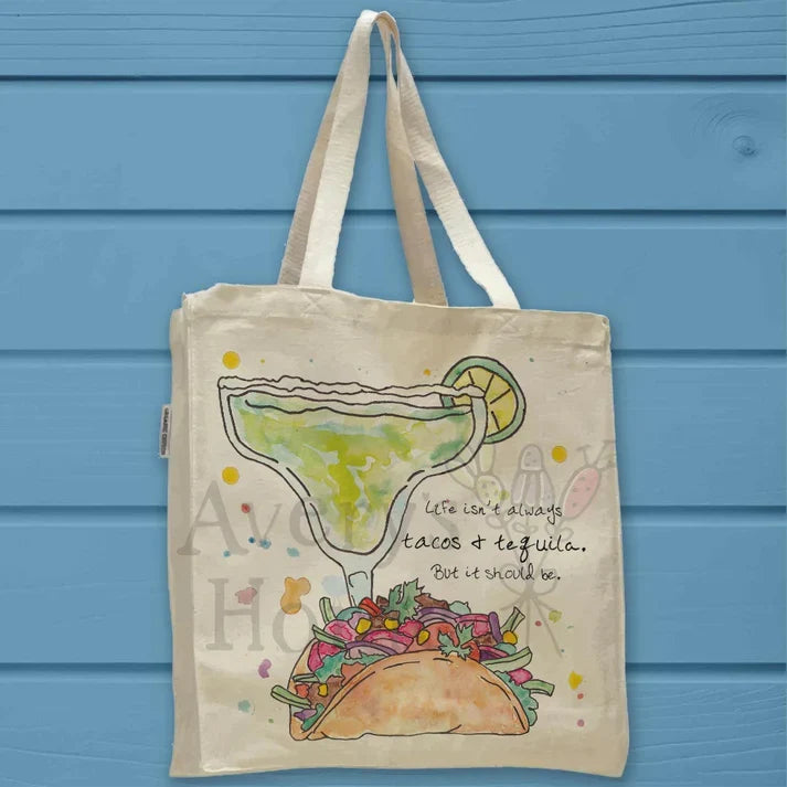Tacos and Tequila cotton tote bag, art by Avery Jackson