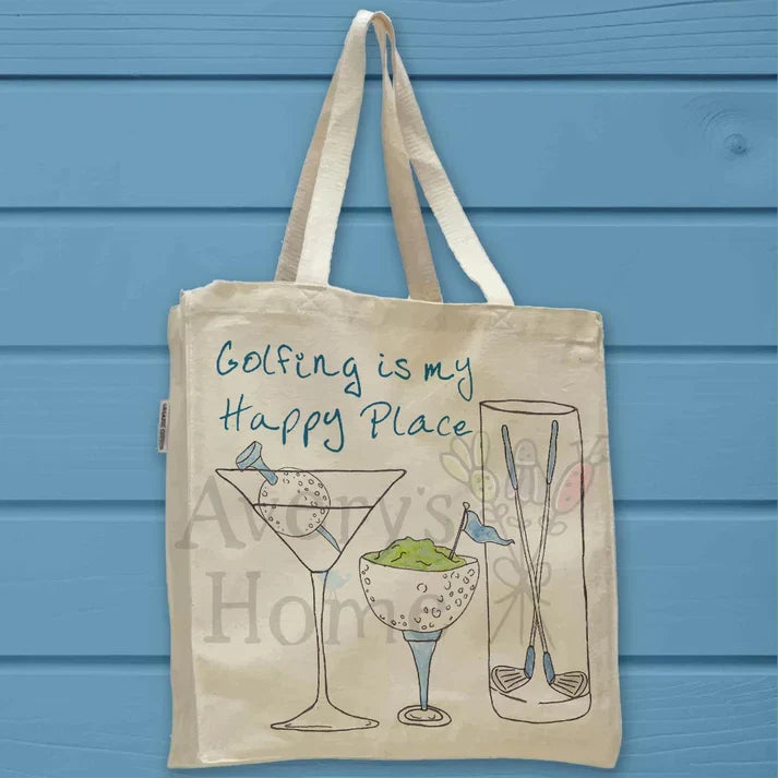 Golf Happy Place cotton tote bag, art by Avery Jackson