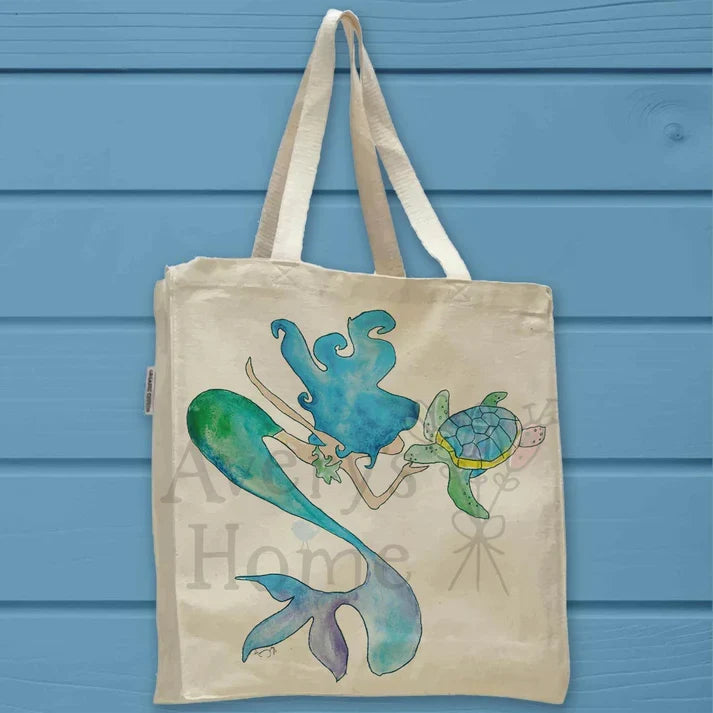 Mermaid and Turtle cotton tote bag, art by Avery Jackson