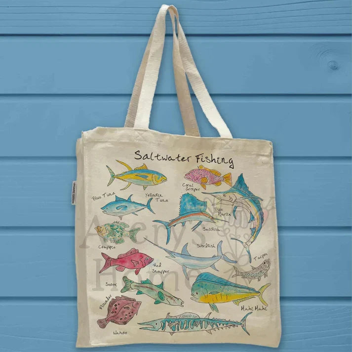 Saltwater Fishing cotton tote bag, art by Avery Jackson