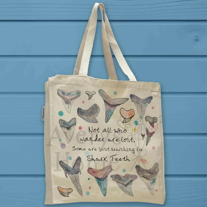 Shark Teeth Hunter cotton tote bag, art by Avery Jackson