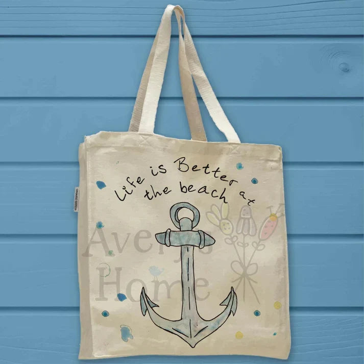 Life is Better at the Beach Anchor cotton tote bag, art by Avery Jackson